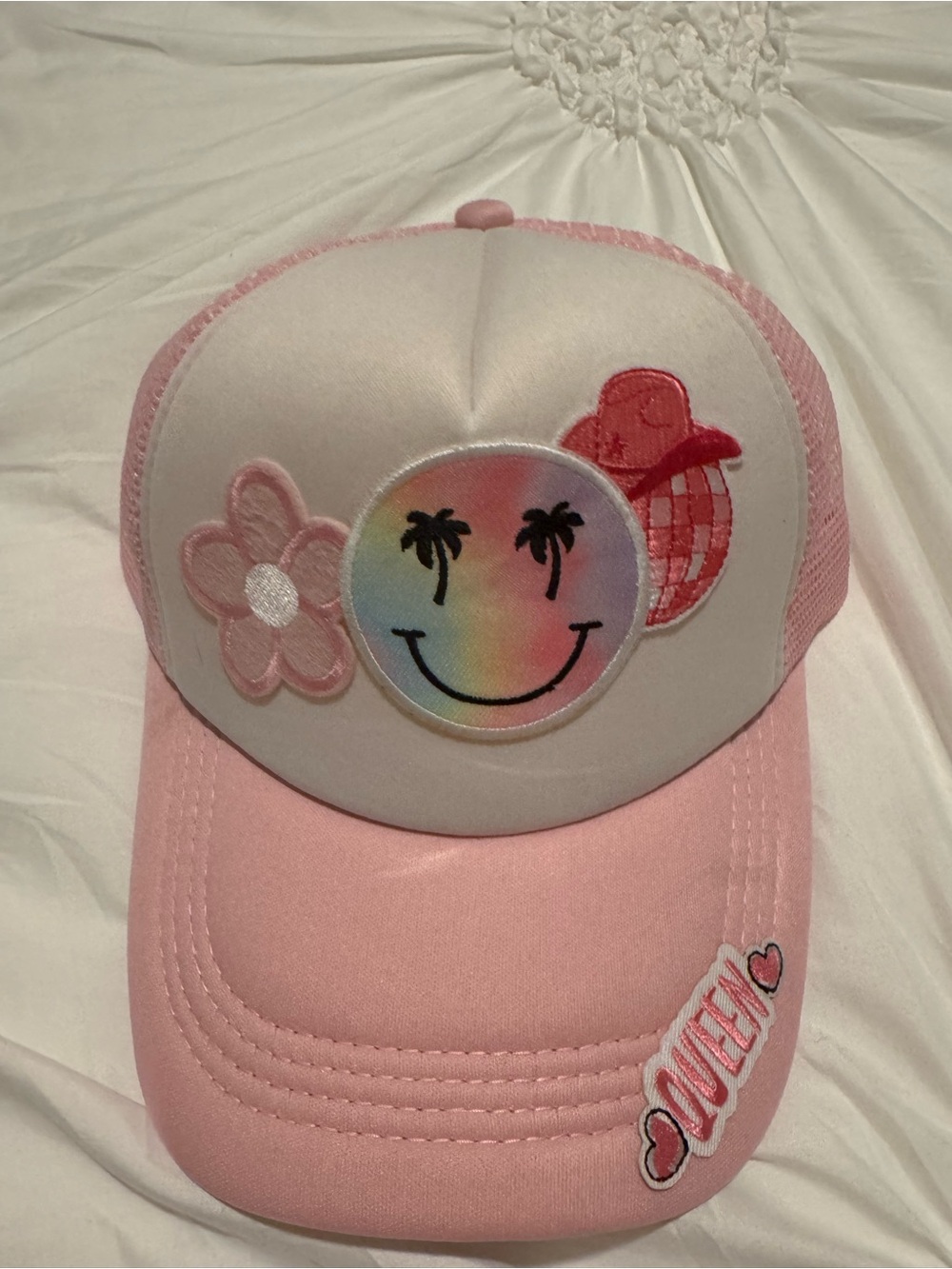 Pink Trucker Hat with Smiley Palm Trees & Flower Patch